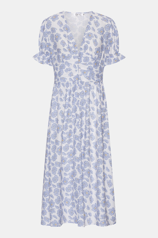 AdelIC Langes Kurzarm Kleid - Weiss Blau Dazzling Blumenmuster